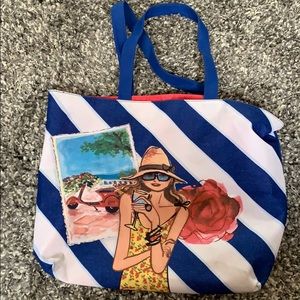 Lancôme Paris blue stripe girl wine moped tote bag